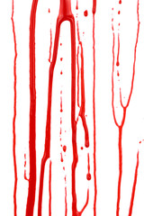 Dripping blood isolated on white background. Flowing red blood splashes, drops and trail