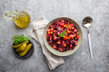 Beet Salad - Vinaigrette in a bowl, top view. Vegan cuisine. Dietary menu.