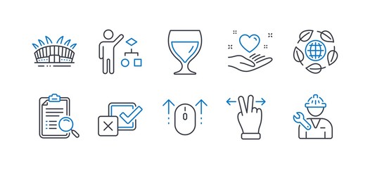 Set of Business icons, such as Checkbox, Hold heart, Algorithm, Touchscreen gesture, Wine glass, Search analysis, Eco organic, Swipe up, Arena stadium, Repairman line icons. Line checkbox icon. Vector