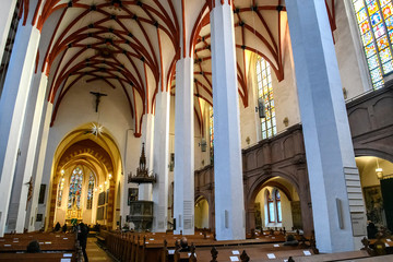 Interior of Lutheran St. Thomas Church Thomaskirche in Leipzig, Germany. November 2019