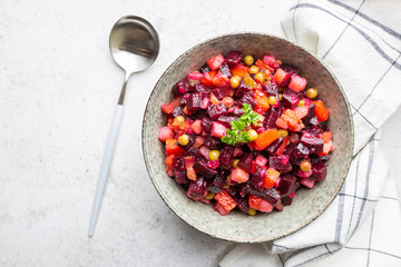 Beet Salad - Vinaigrette in a bowl, top view. Vegan cuisine. Dietary menu.