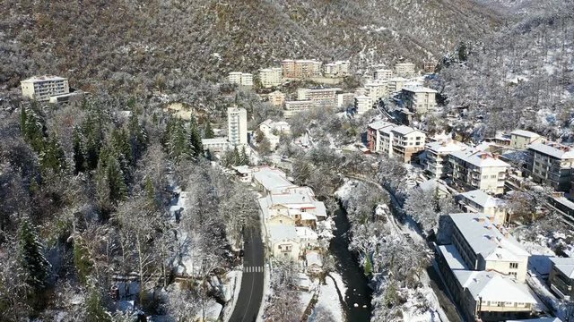 Aerial view of Eastern European town in winter
