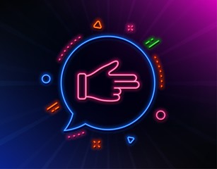 Click hand line icon. Neon laser lights. Two fingers palm sign. Direction gesture symbol. Glow laser speech bubble. Neon lights chat bubble. Banner badge with click hand icon. Vector