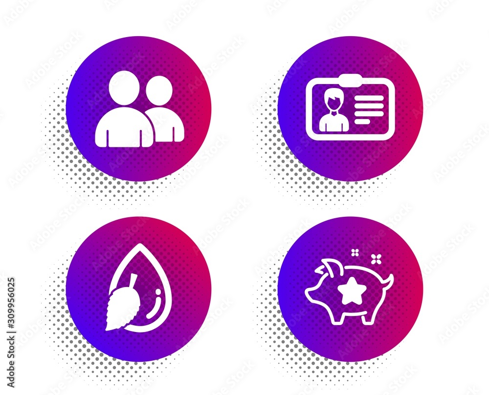 Poster identification card, water drop and users icons simple set. halftone dots button. loyalty points sig