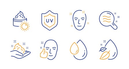 Fototapeta premium Skin condition, Sun cream and Skin care line icons set. Uv protection, Healthy face and Oil drop signs. Water drop symbol. Search magnifier, Face lotion. Beauty set. Line skin condition icon. Vector