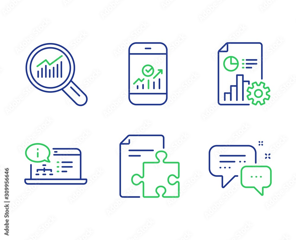 Aufkleber report, data analysis and smartphone statistics line icons set. strategy, online documentation and e