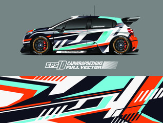 Racing car wrap design vector. Graphic abstract stripe racing background kit designs for wrap vehicle, race car, rally, adventure and livery. Full vector eps 10