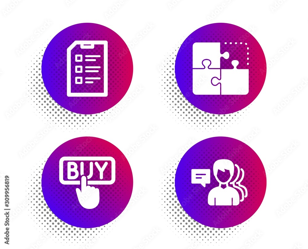 Poster puzzle, checklist and buying icons simple set. halftone dots button. people sign. engineering strate