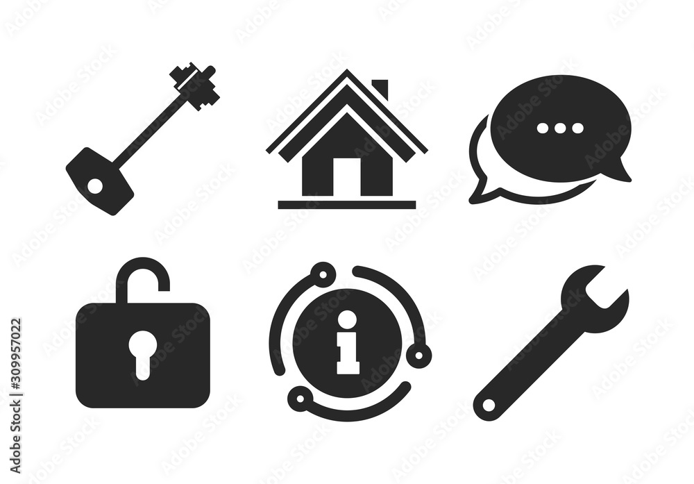 Poster wrench service tool symbol. chat, info sign. home key icon. locker sign. main page web navigation. c