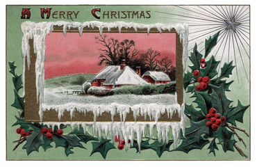 Vintage Christmas Postcard Greeting card, holly, pointsettia cottage in snow Winter scenic
