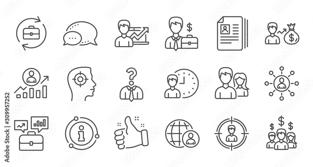 Poster human resources icons. head hunting, job center and user. interview linear icon set. quality line se