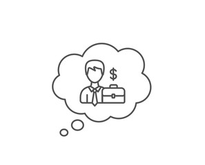 Businessman with Case line icon. Chat bubble design. Diplomat with Dollar sign. Outline concept. Thin line businessman case icon. Vector