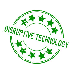 Grunge green disruptive technology word with star icon round rubber seal stamp on white background