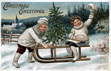Vintage Christmas Postcard Greeting card, two happy young girls, white coats and boots, on an old fashion wooden sled, evergreen trees and cabon.