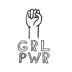 fist raised up and lettering girl power - symbol and slogan of feminism in hand drawn doodle style