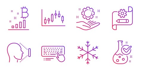 Computer keyboard, Bitcoin graph and Face id line icons set. Cogwheel blueprint, Snowflake and Employee hand signs. Candlestick graph, Chemistry lab symbols. Gradient computer keyboard icon. Vector