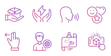 Hold box, Journey path and Safe energy line icons set. Support, Touchscreen gesture and Smile signs. Human sing, Augmented reality symbols. Delivery parcel, Project process. People set. Vector