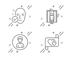 Elevator, Health skin and Person line icons set. Love letter sign. Lift, Clean face, Edit profile. Heart. People set. Line elevator outline icon. Vector