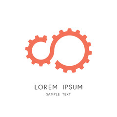 Gear transmission logo - couple of pinions, gearing or toothing symbol. Mechanics and mechanical engineering vector icon.