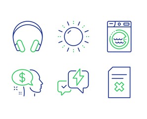 Pay, Laundry and Headphones line icons set. Lightning bolt, Sun energy and Delete file signs. Beggar, Washing machine, Music listening device. Messenger. Business set. Line pay outline icons. Vector