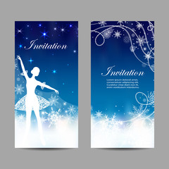 Christmas and New Year invitations with tender ballerina holding a snow cover