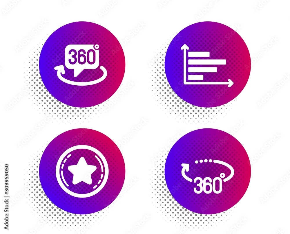 Poster loyalty star, horizontal chart and 360 degree icons simple set. halftone dots button. 360 degrees si