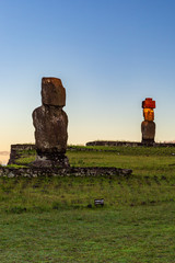 Moai statues in the Rano Raraku Volcano in Easter Island, Rapa Nui National Park, Chile