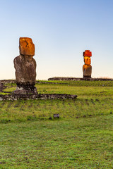 Moai statues in the Rano Raraku Volcano in Easter Island, Rapa Nui National Park, Chile
