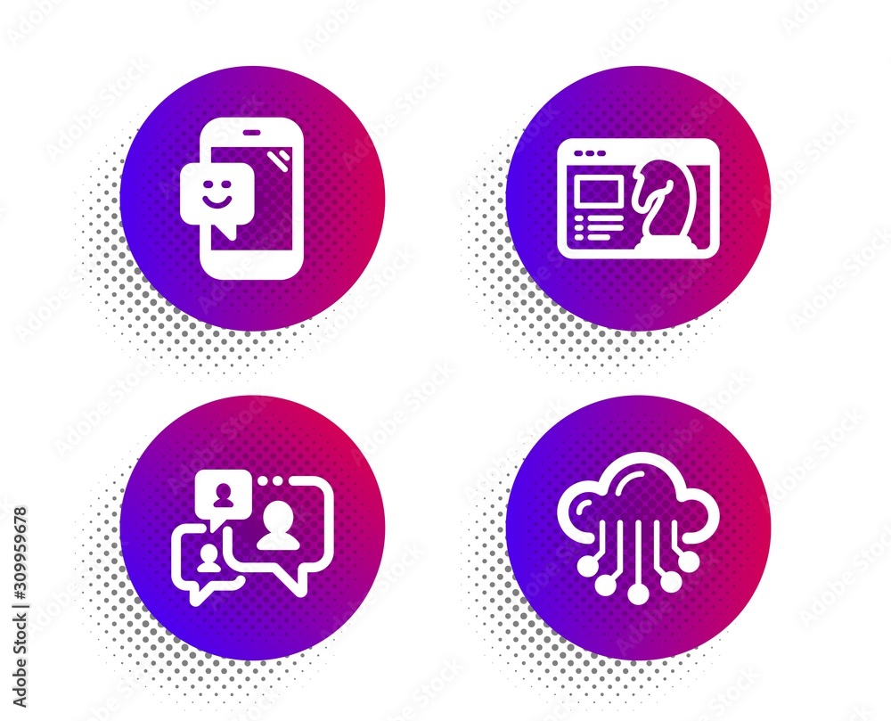 Poster support chat, smile and seo strategy icons simple set. halftone dots button. cloud storage sign. com