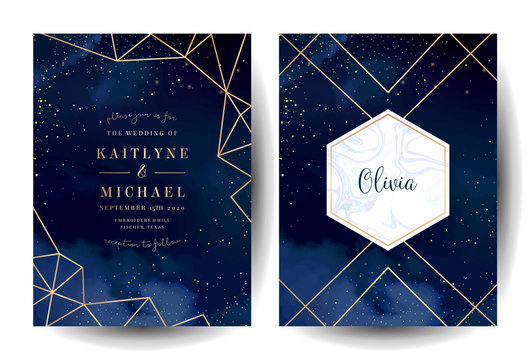 Magic Night Dark Blue Cards With Sparkling Glitter And Line Art.