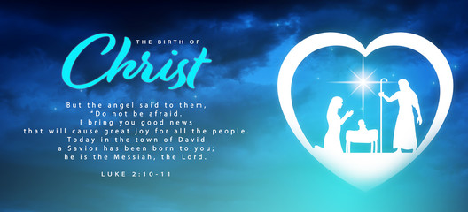 Christmas time. Manger with baby Jesus, Mary, Joseph and star of Bethlehem. Text: The Birth of Christ and Luke 2:10-11