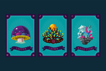 Game asset pack. Fantasy card with magic items. User interface design elements with decorative frame. Cartoon vector illustration. Mushroom, crystal and crown.