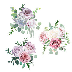 Dusty pink,creamy white and mauve antique rose vector design wedding bouquets - obrazy, fototapety, plakaty