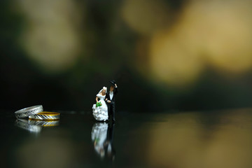 Miniature wedding concept - bride and groom walking on shiny floor