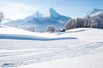 Fototapeta na wymiar Winter wonderland scenery with cross-country skiing track in the Alps