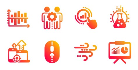 Employees teamwork, Diagram chart and Chemistry lab line icons set. Seo devices, Graph chart and Swipe up signs. Windy weather, Presentation symbols. Collaboration, Presentation graph. Vector