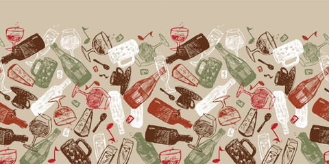 Vector beige baritalia colorful sketch illustration horizontal border pattern with chaotic arrangement of bottles, glasses and cups. Perfect for fabric and restaurant beverages menu.