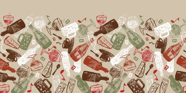 Vector beige baritalia colorful sketch illustration horizontal border pattern with chaotic arrangement of bottles, glasses and cups. Perfect for fabric and restaurant beverages menu.