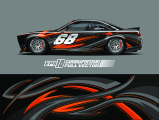 Obraz premium Racing car wrap design vector. Graphic abstract stripe racing background kit designs for wrap vehicle, race car, rally, adventure and livery. Full vector eps 10