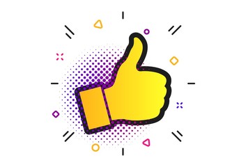 Like sign icon. Halftone dots pattern. Thumb up sign. Hand finger up symbol. Classic flat like icon. Vector