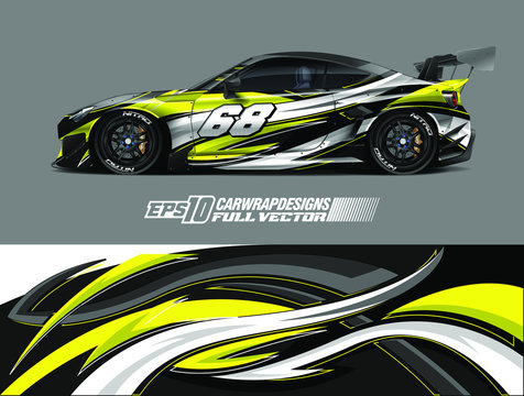 Racing car wrap design vector. Graphic abstract stripe racing background kit designs for wrap vehicle, race car, rally, adventure and livery. Full vector eps 10