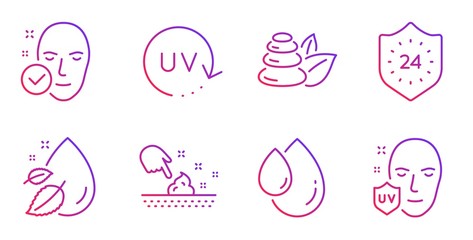 Skin moisture, Uv protection and 24 hours line icons set. Water drop, Spa stones and Health skin signs. Oil drop, Uv protection symbols. Wet cream, Serum oil. Beauty set. Vector