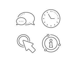 Click here line icon. Chat bubble, info sign elements. Push the button sign. Web cursor symbol. Linear click here outline icon. Information bubble. Vector