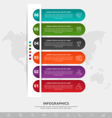 Vector infographic flat template. Shape with icons for six diagrams, graph, flowchart, timeline, marketing, presentation. Business concept with 6 labels