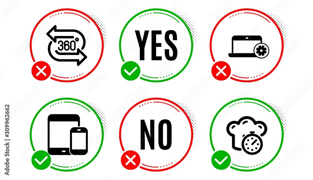 Poster notebook service, 360 degree and mobile devices icons simple set. yes no check box. cooking timer si