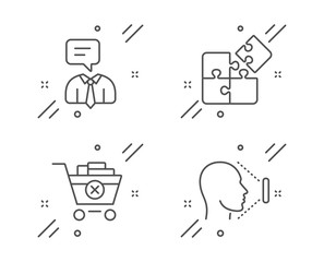 Puzzle, Support service and Remove purchase line icons set. Face id sign. Engineering strategy, Human talking, Delete from cart. Identification system. Business set. Line puzzle outline icon. Vector