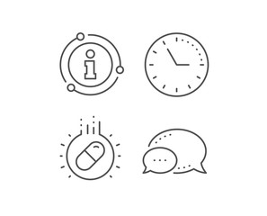 Capsule pill line icon. Chat bubble, info sign elements. Medical drugs sign. Pharmacy medication symbol. Linear capsule pill outline icon. Information bubble. Vector