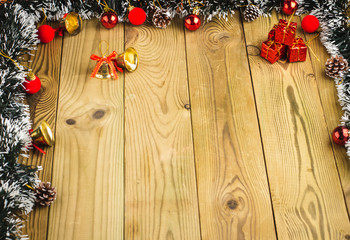 Christmas Decoration, Gifts tree branches and bells on wooden boards