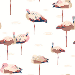 Fototapeta premium Tropical standing flamingo lagoon pattern. Seamless vector background. Pink and blue bird on white. Fabric, wallpaper, packaging, print. Hipster vintage kitchen pattern.
