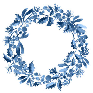 Christmas watercolor wreath of spruce with holly berries and mistletoe in monochrome blue